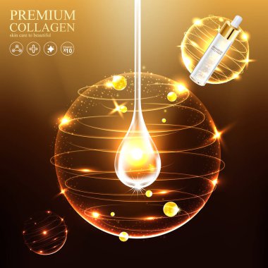 Kolajen Serum ve Vitamin Arkaplan Cilt Bakımı Özel Kozmetik Konsepti.