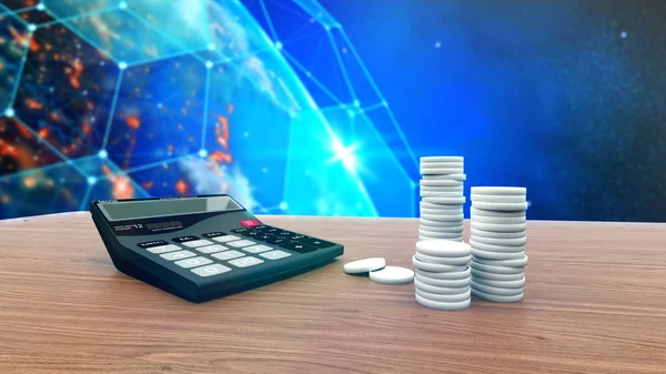 Counting machine and coins on the table. Worldwide communication technology for internet business. Global world network and telecommunication on earth cryptocurrency and blockchain. 3D rendering