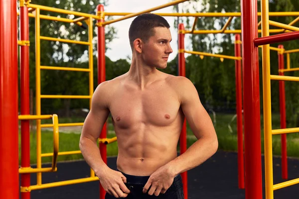 Strong man do street workout with difficult exercises and pose to camera