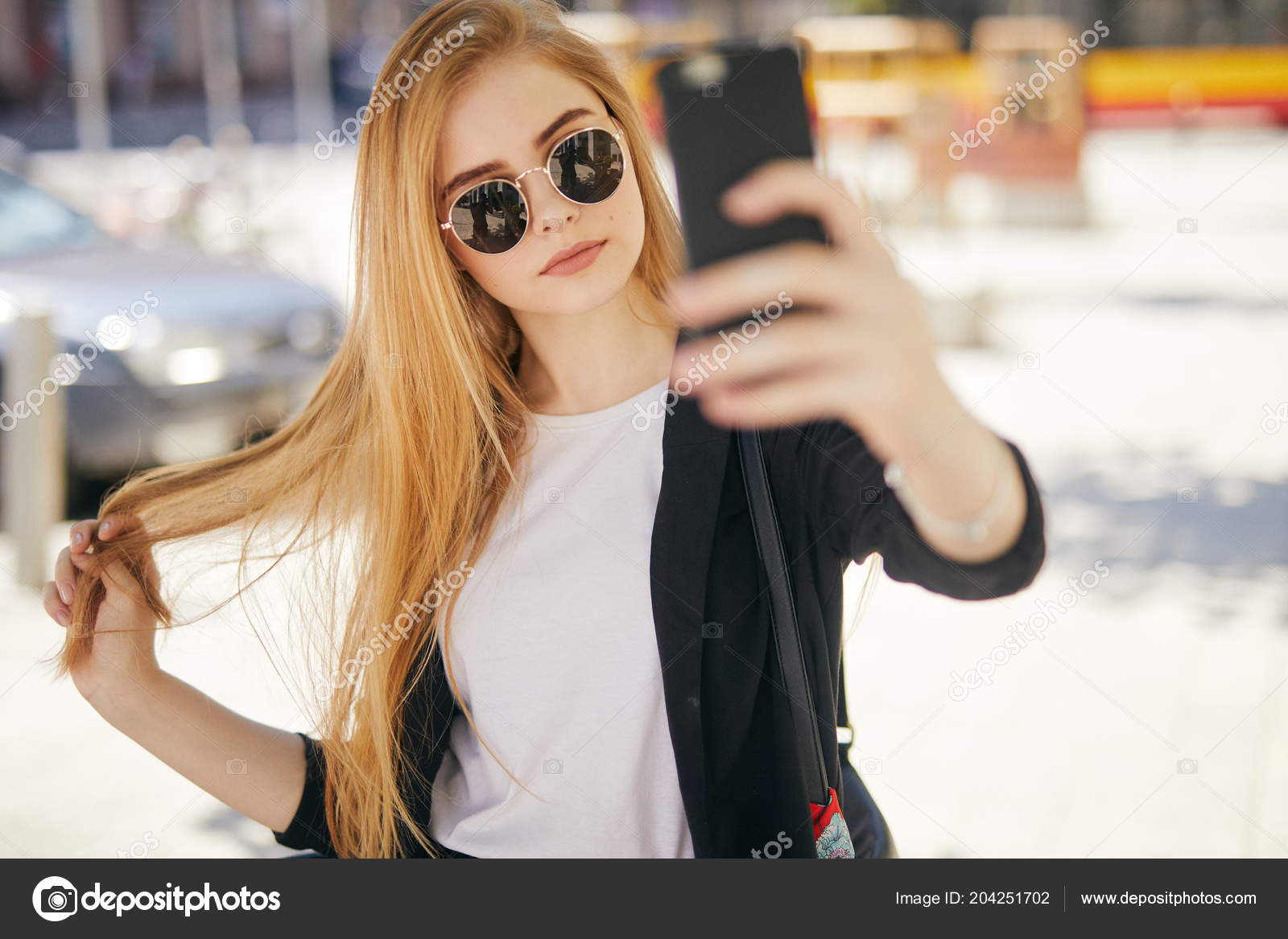 Pretty Blonde Girl Taking Selfie Street Stock Photo C Shipskyy