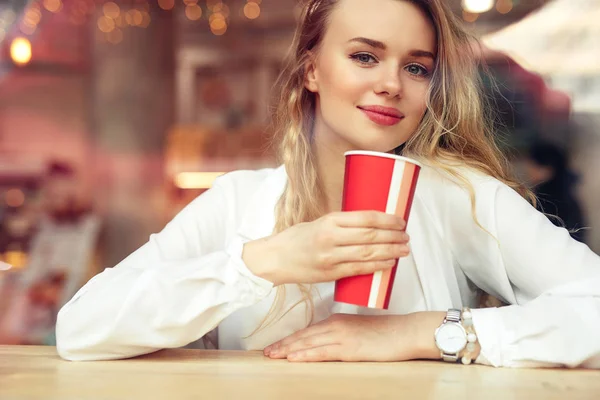 Woman Drink Her Hot Coffee While Sitting Cafe Portrait Stylish — Stock Photo, Image