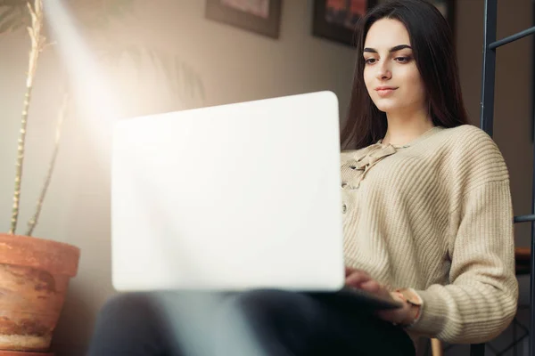 Mujer Morena Bonita Hacer Trabajo Cafetería Usar Gafas Charlar Ordenador —  Fotos de Stock