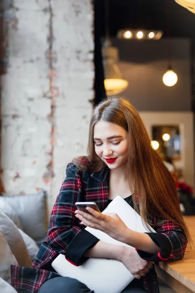 Woman Work In Cafe On Her Laptop. Portrait Of Stylish Smiling Woman In Winter Clothes And Work At Laptop. Female Winter Style. - Image