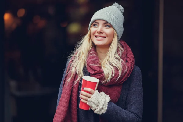 Close Portrait Young Blonde Woman Drinking Coffe Enjoying Morning Street — Stock Photo, Image