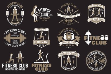Fitness kulübü rozetleri. Vektör. Amblemler, spor salonu işaretler ve diğerleri için fitness merkezleri.