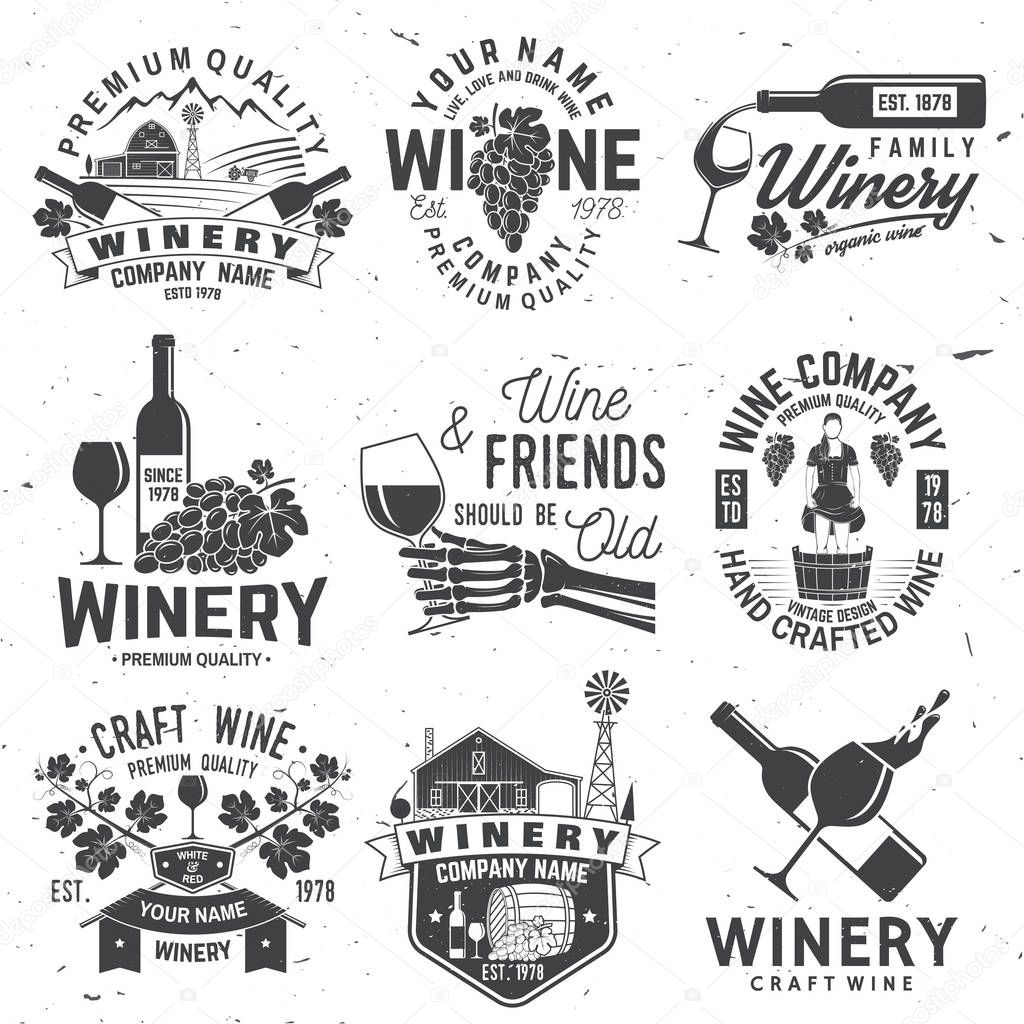 Set of wine company badge, sign or label. Vector illustration. Vintage design for winery company, bar, pub, shop, branding and restaurant business. Coaster for wine glasses
