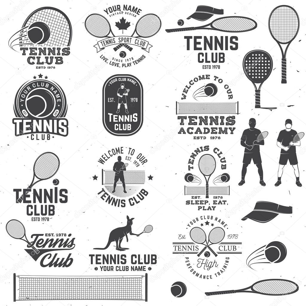 Set of Tennis club badges with design element. Vector illustration. Concept for shirt, print, stamp or tee. Vintage typography design with tennis player, racket, tennis visor and ball silhouette.
