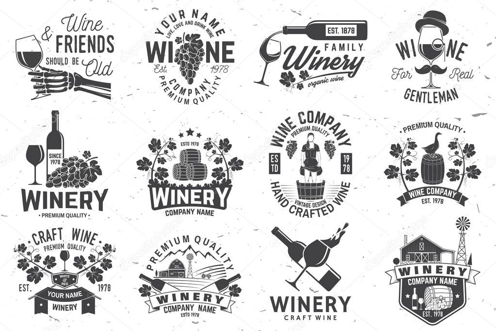 Set of wine company badge, sign or label. Vector illustration. Vintage design for winery company, bar, pub, shop, branding and restaurant business. Coaster for wine glasses