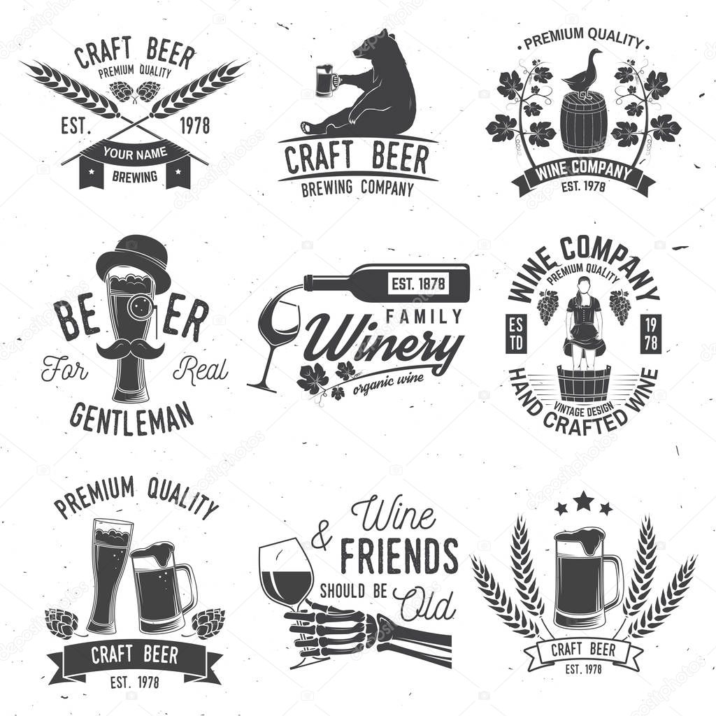 Set of Craft Beer and Winery company badge, sign or label. Vector illustration