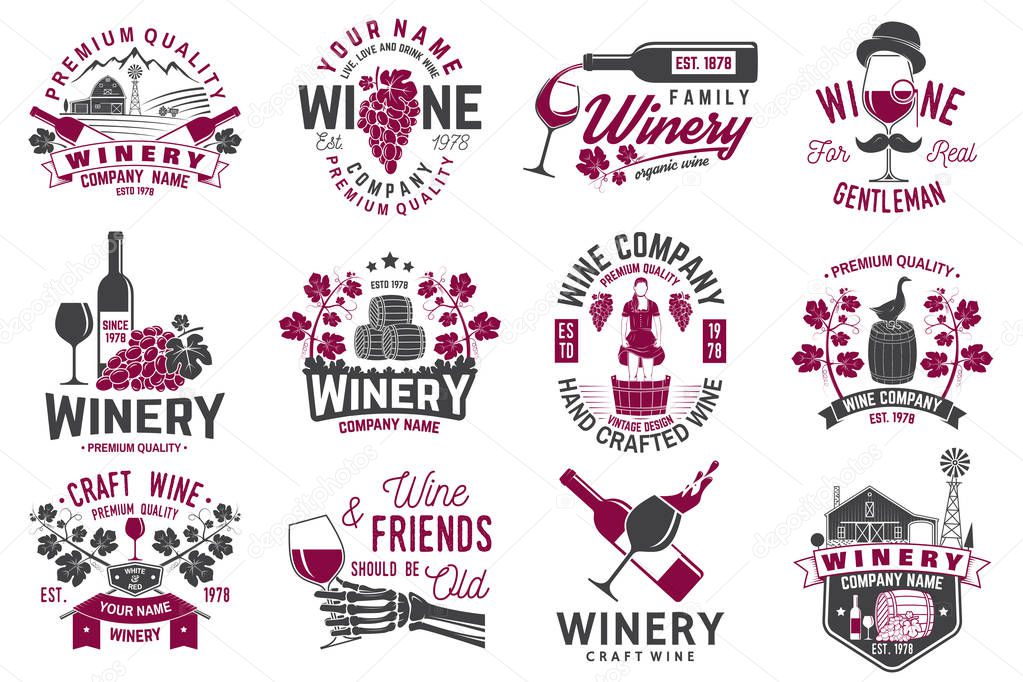 Set of wine company badge, sign or label. Vector illustration. Vintage design for winery company, bar, pub, shop, branding and restaurant business. Coaster for wine glasses