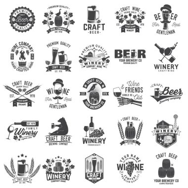 Set of Craft Beer and Winery company badge, sign or label. Vector illustration. Vintage design for winery company, bar, pub, shop, branding and restaurant business. Coaster for beer, wine glasses clipart