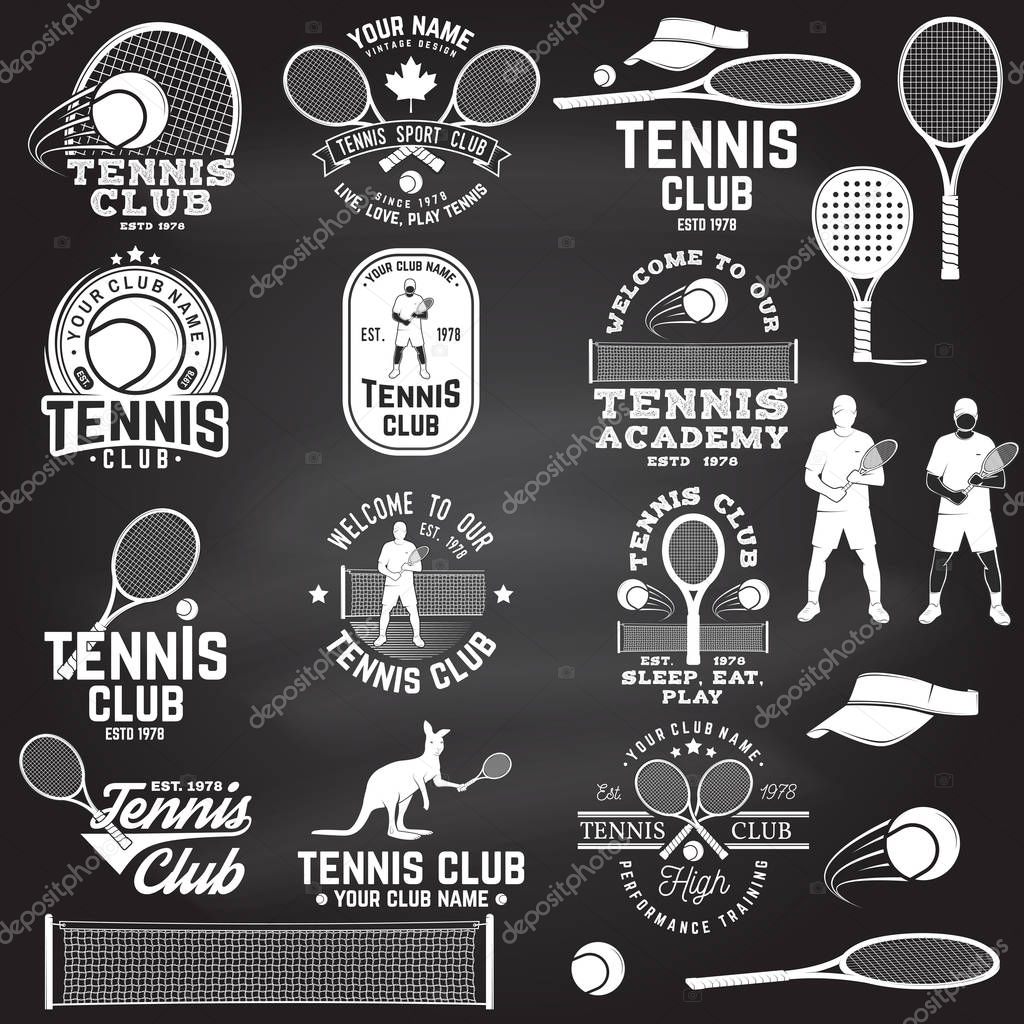 Set of Tennis club badges with design element on the chalkboard. Vector. Concept for shirt, print, stamp or tee. Vintage typography design with tennis player, racket, tennis visor and ball silhouette.