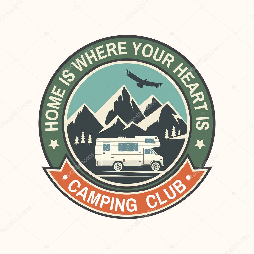 Camper and caravaning club. Vector illustration. Concept for shirt or logo, print, stamp or tee. Vintage typography design with Camper trailer and mountain silhouette.