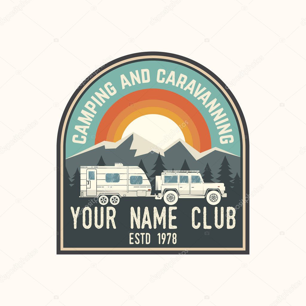 Camper and caravaning club. Vector illustration. Concept for shirt or logo, print, stamp, patch or tee. Vintage typography design with Camper trailer and mountain silhouette.