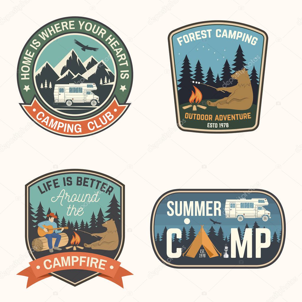 Summer camp. Vector illustration. Concept for shirt or logo, print, stamp, patch or tee. Vintage typography design with rv trailer, camping tent, campfire, bear, man with guitar and forest silhouette.