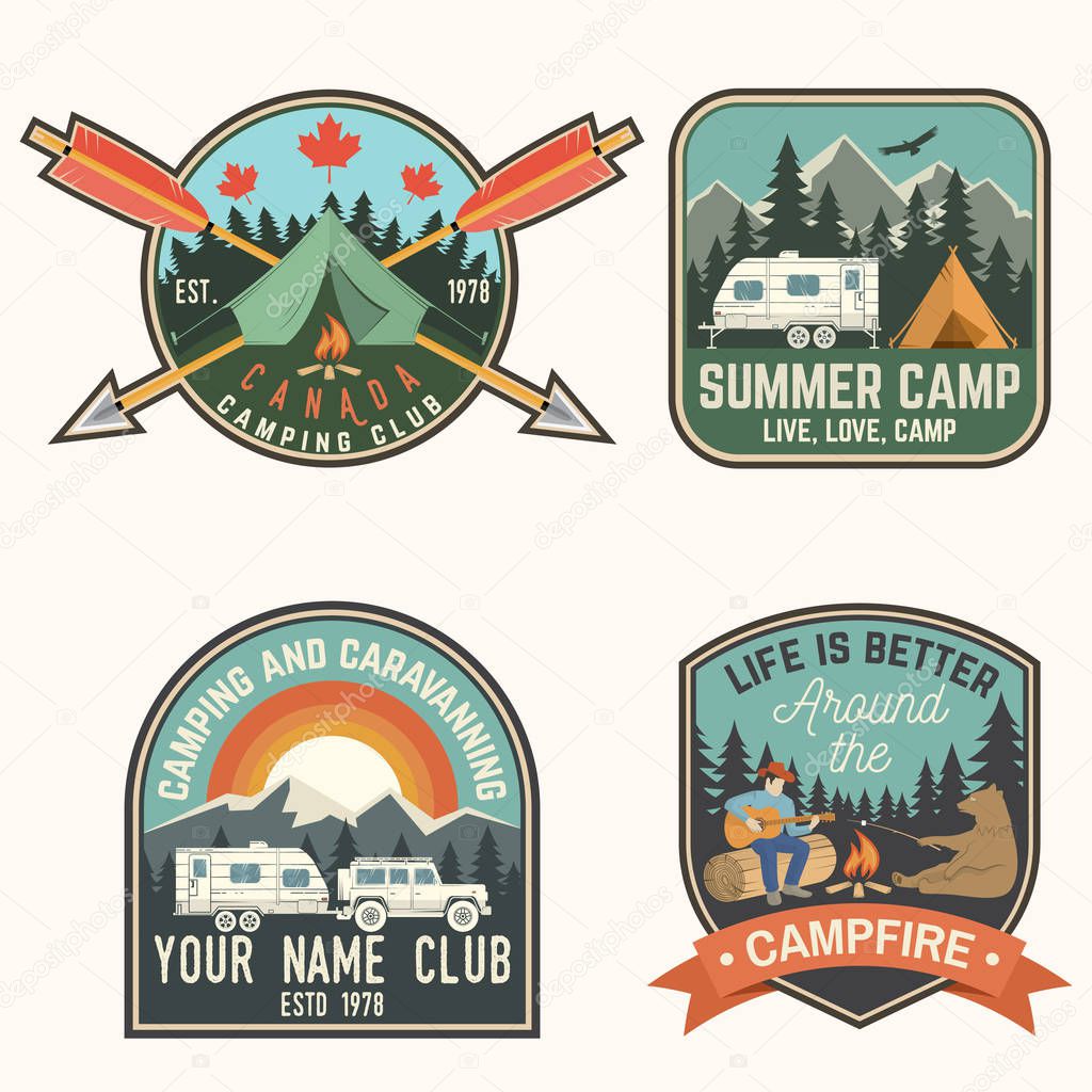 Set of Summer camp badges. Vector. Concept for shirt or logo, print, stamp, patch or tee. Vintage typography design with rv trailer, camping tent, campfire, bear, man with guitar and forest silhouette