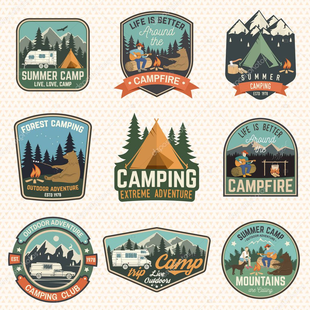 Set of Summer camp badges. Vector. Concept for shirt or logo, print, stamp, patch or tee. Vintage typography design with rv trailer, camping tent, campfire, bear, man with guitar and forest silhouette