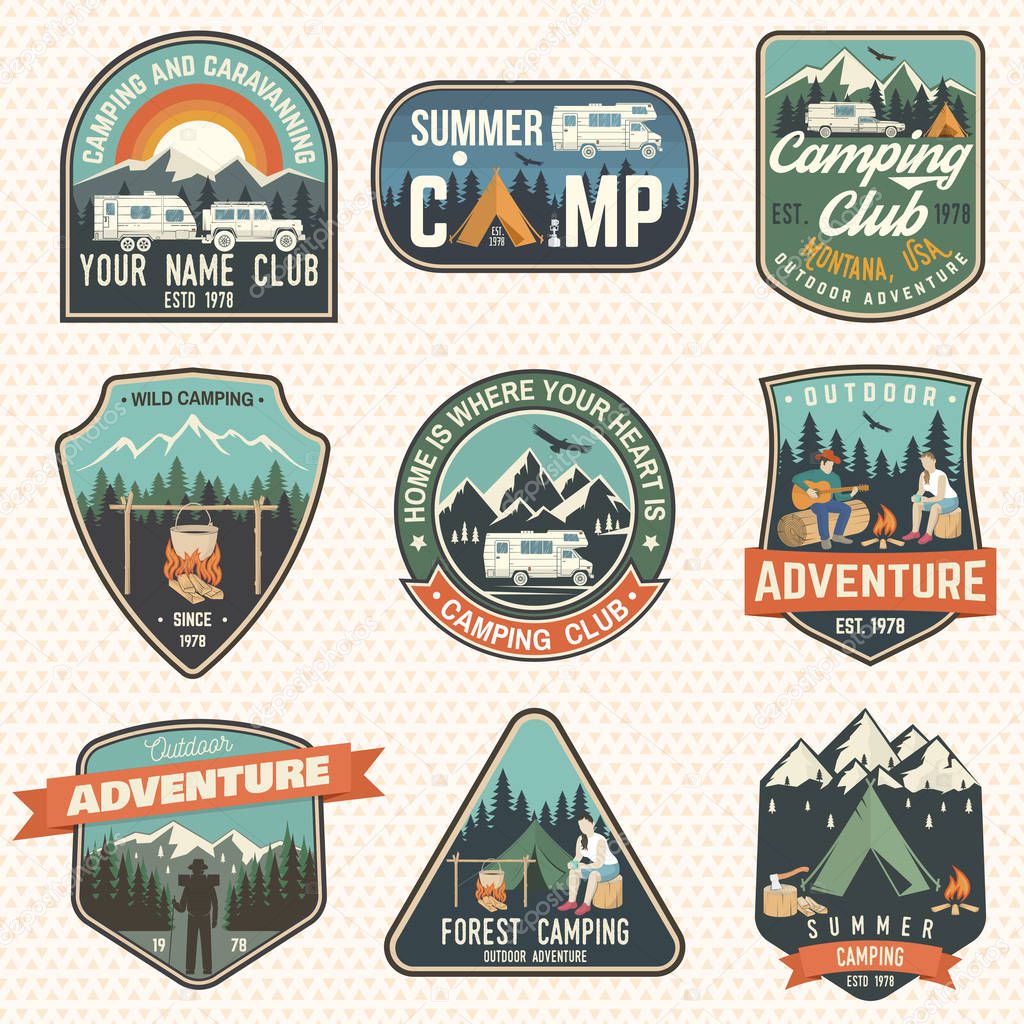 Set of Camping and caravanning club badges. Vector. Concept for shirt or logo, print, stamp, patch or tee. Vintage typography design with camp trailer, man with guitar, forest and mountain silhouette.