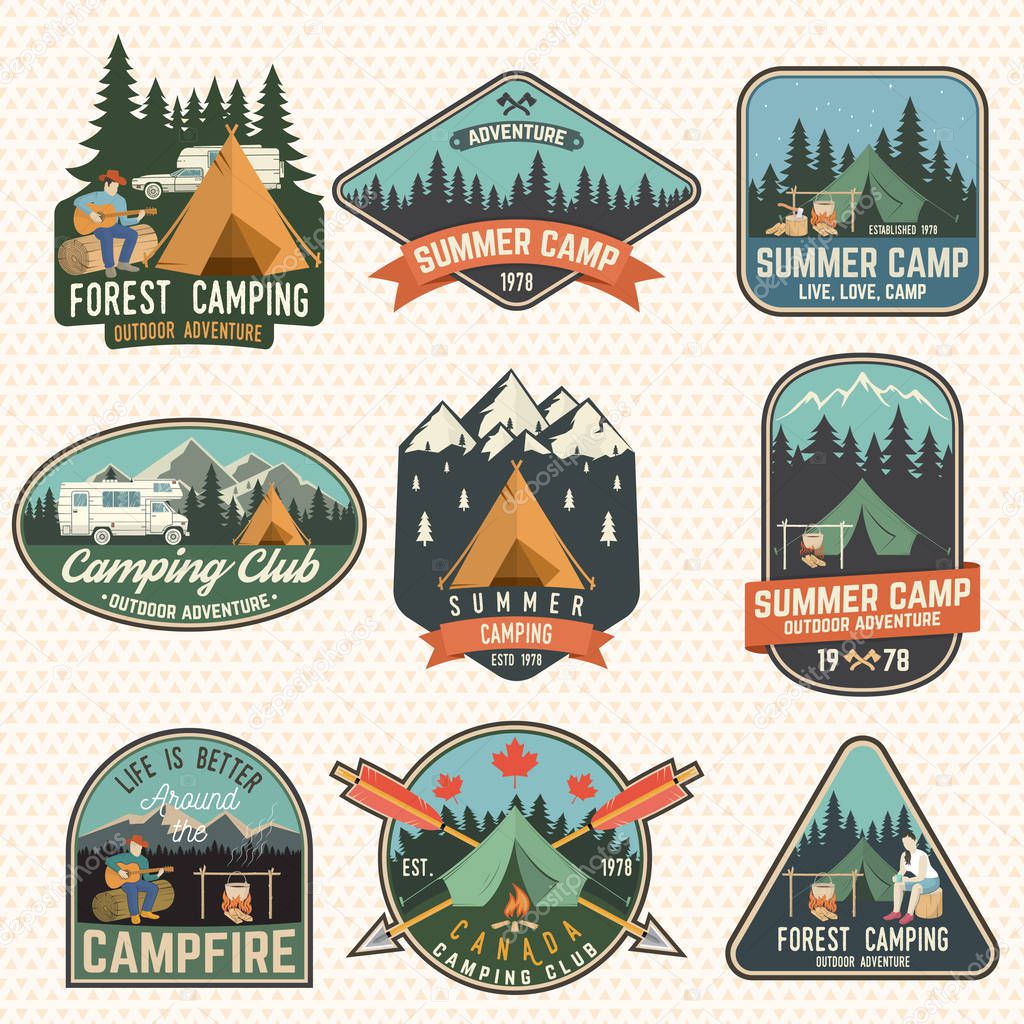 Set of Camping and caravanning club badges. Vector. Concept for shirt or logo, print, stamp, patch or tee. Vintage typography design with camp trailer, man with guitar, forest and mountain silhouette.