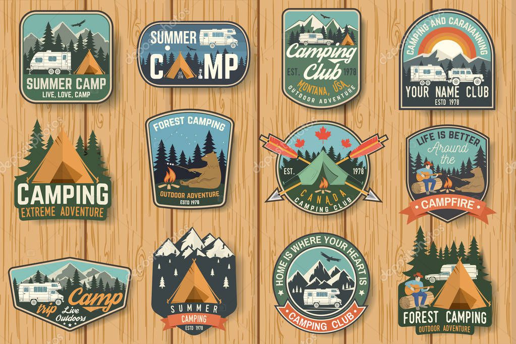 Set of Summer camp badges on the wood board. Vector. Concept for shirt , print, stamp, travel badges or tee. Design with rv trailer, camping tent, campfire, pot on the fire, axe and forest silhouette