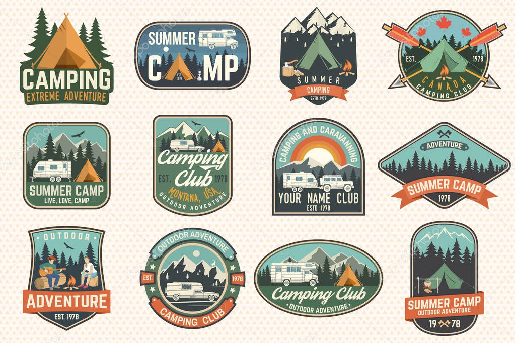 Set of Summer camp badges. Vector. Concept for shirt or logo, print, stamp, patch or tee. Vintage typography design with rv trailer, camping tent, campfire, girl, man with guitar and forest silhouette