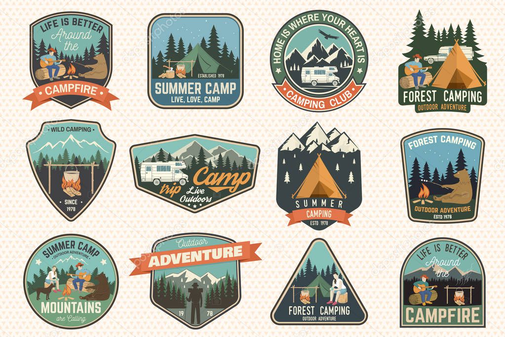 Set of Summer camp badges. Vector. Concept for shirt or logo, print, stamp, patch or tee. Vintage typography design with rv trailer, camping tent, campfire, bear, man with guitar and forest silhouette