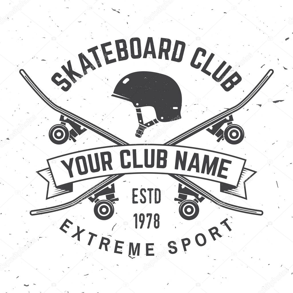 Skateboard club badge. Vector illustration. For skate club emblems, signs and t-shirt design. Skateboard typography design with skateboards and helmet. Extreme sport.