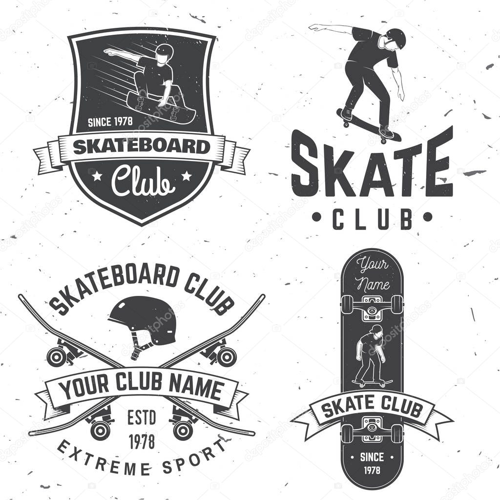 Set of Skateboard club badges. Vector illustration. For skate club emblems, signs and t-shirt design. Vintage typography design with skateboards, skate truck and helmet. Extreme sport.
