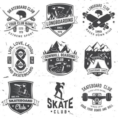 Kaykay ve longboard club rozetleri kümesi. Vektör çizim