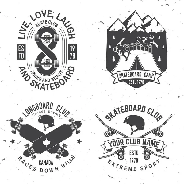 Sada longboard a Skateboard klub odznaky. Vektorové ilustrace — Stockový vektor