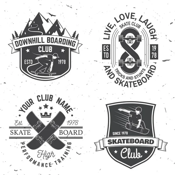 Σύνολο Skateboard και longboard κονκάρδες club. Εικονογράφηση διάνυσμα — Διανυσματικό Αρχείο