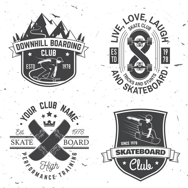 Conjunto de placas de skate y longboard club. Ilustración vectorial — Vector de stock