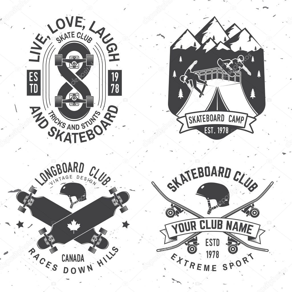 Set of Skateboard and longboard club badges. Vector illustration. For skate club emblems, signs and t-shirt design. Vintage typography design with skateboards, skate truck and helmet. Extreme sport.