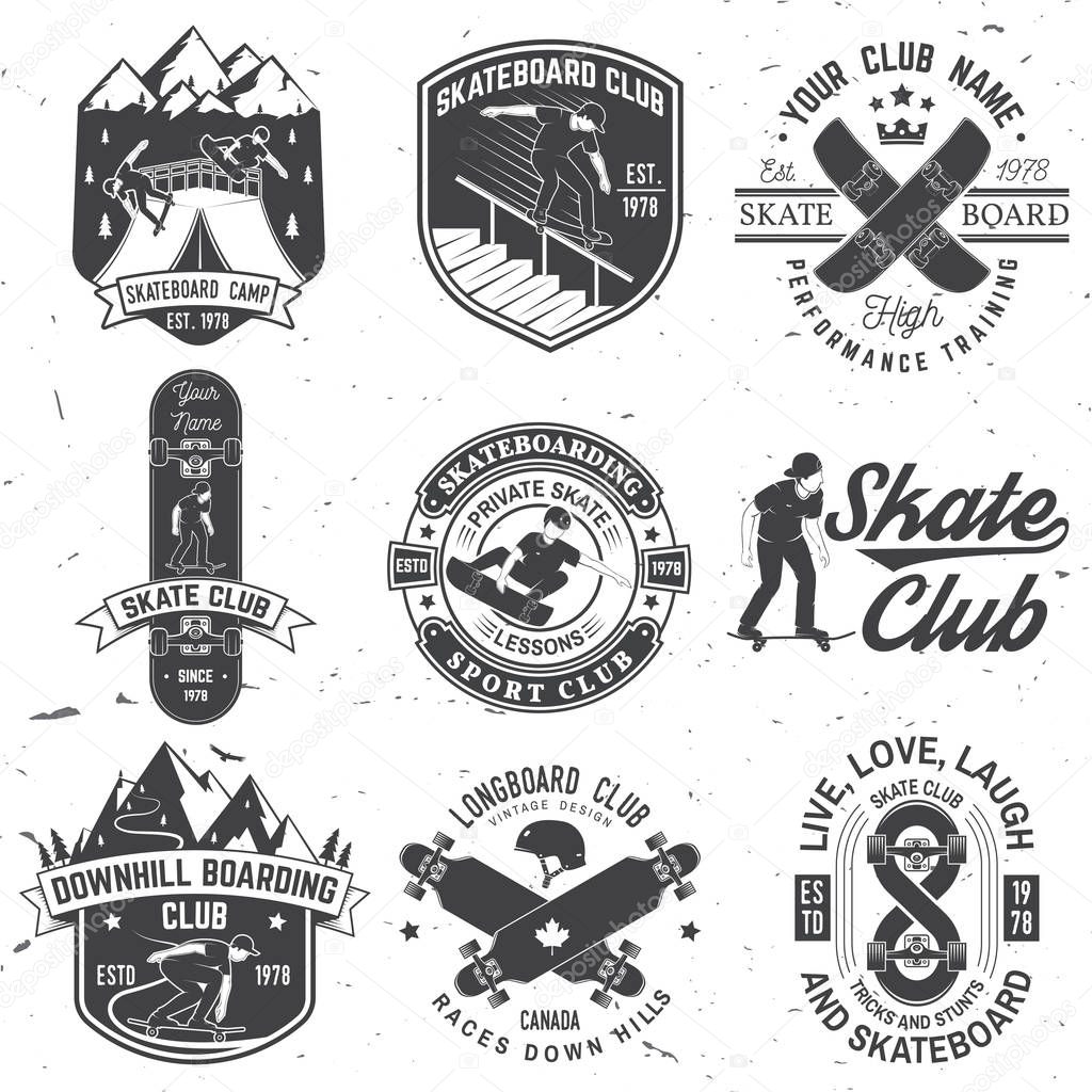 Set of Skateboard and longboard club badges. Vector illustration. For skate club emblems, signs and t-shirt design. Vintage typography design with skateboards, skate truck and helmet. Extreme sport.
