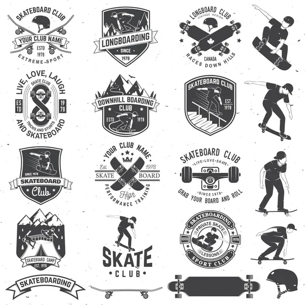 Set de insigne Skateboard și club longboard. Ilustrație vectorială — Vector de stoc