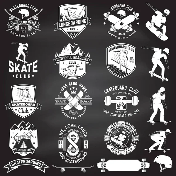 スケート ボードとロングボード クラブのバッジのセットです。ベクトル図 — ストックベクタ