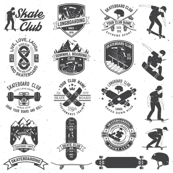 Conjunto de placas de skate y longboard club. Ilustración vectorial — Vector de stock