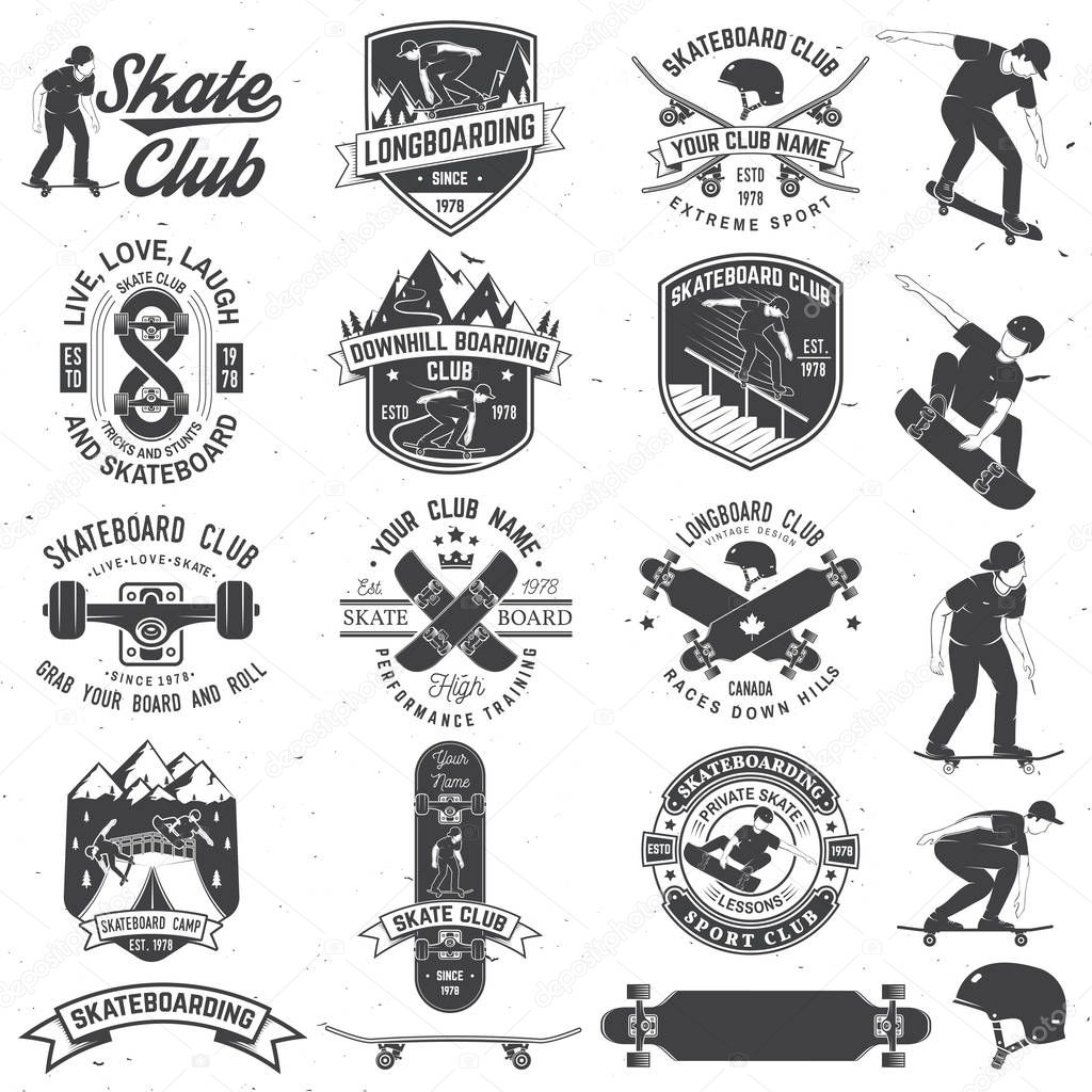 Set of Skateboard and longboard club badges with design element. Vector. For skate club emblems, signs, t-shirt design Vintage typography design with skateboards, skate truck and helmet. Extreme sport