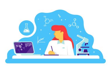 Bilim laboratuarında çalışan bilimsel doktor kadın. Mikroskop ve laboratuvar dizüstü bilgisayar ile laboratuvar iç. Vektör.