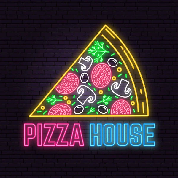 Retro neon pizza domovní znamení na cihlovou zeď na pozadí. Design pro označení nebo popis. — Stockový vektor
