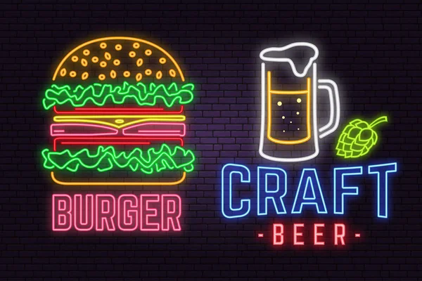 Retro neon burger and craft beer sign on brick wall fon. Дизайн для кафе, гостиницы, ресторана или мотеля . — стоковый вектор