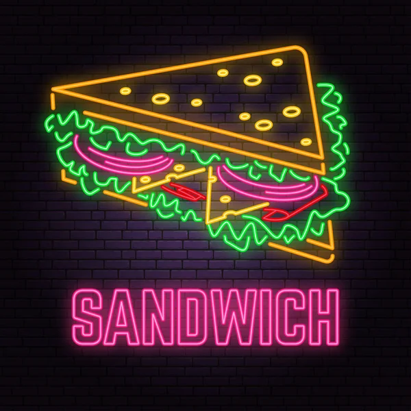 Cartel sándwich de neón retro sobre fondo de pared de ladrillo. Diseño para cafetería, hotel, restaurante o motel . — Vector de stock