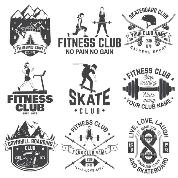 Conjunto de fitness y skate board club concepto con chicas haciendo ejercicio y skateboarder silueta. Vector — Vector de stock