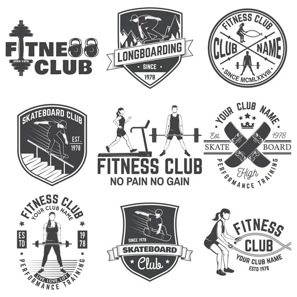 Conjunto de fitness y skate board club concepto con chicas haciendo ejercicio y skateboarder silueta. Vector — Vector de stock