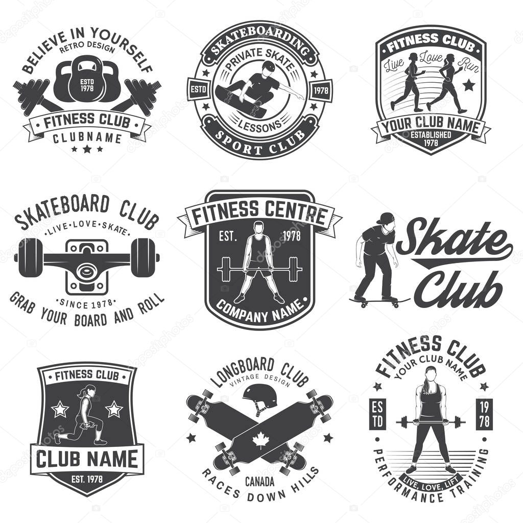 Set of fitness and skate board club concept with girls doing exercise and skateboarder silhouette. Vector fitness and skateboarding club retro badges.For gym signs, emblems and others related business
