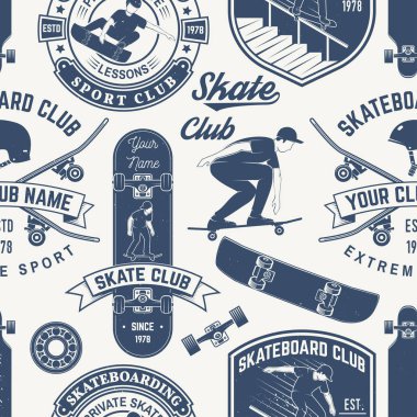 Kaykay ve longboard club Dikişsiz desen veya arka plan. Vektör çizim
