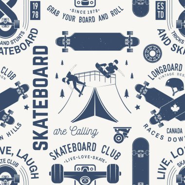 Kaykay ve longboard club Dikişsiz desen veya arka plan. Vektör çizim