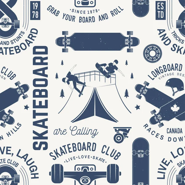 Longboard a skateboard klub bezešvé pattern nebo pozadí. Vektorové ilustrace — Stockový vektor