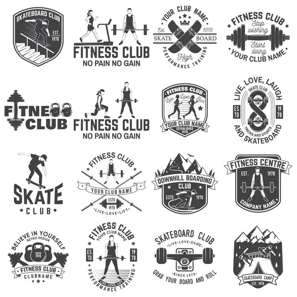 Conjunto de fitness y skate board club concepto con chicas haciendo ejercicio y skateboarder silueta. Vector — Archivo Imágenes Vectoriales