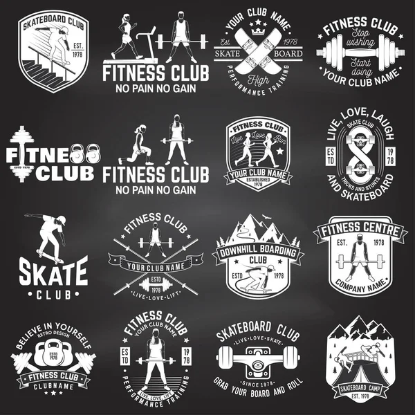 Conjunto de fitness y skate board club concepto con las niñas haciendo ejercicio y skateboarder silueta en la pizarra. Vector — Vector de stock